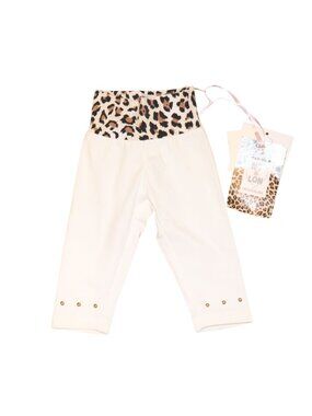 Monnalisa Infant Girls Leopard-Print Waistband White Pants, Size 6M NWT